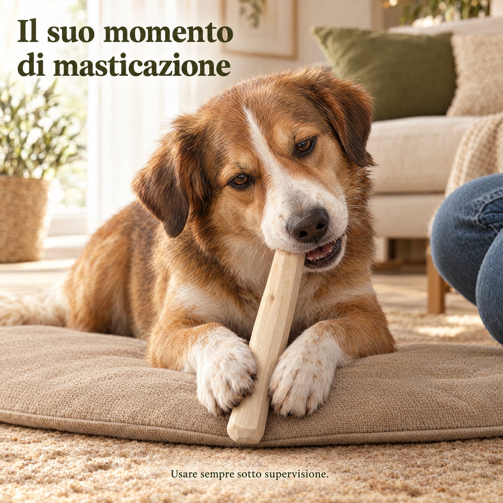 Cane con un bastoncino in ulivo sotto la supervisione del proprietario